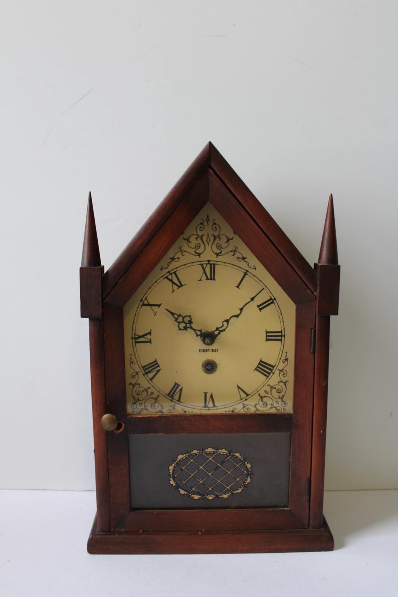 Vintage Wood Mantle Clock Cabinet Eight Day Steeple Finial Restoration ...