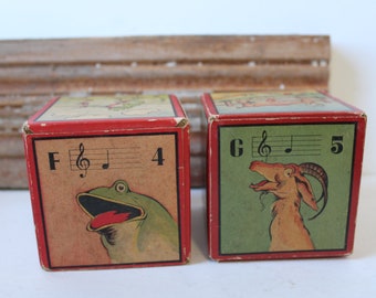 Vintage toy blocks FG musical bell paper 1940's building stacking Frog Goat