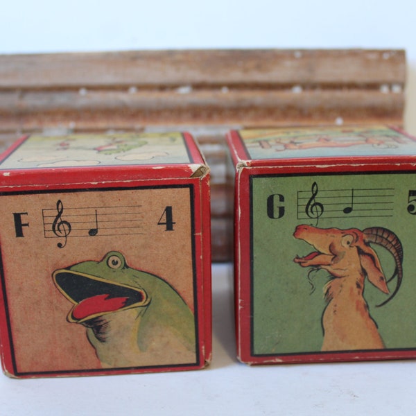 Vintage toy blocks FG musical bell paper 1940's building stacking Frog Goat