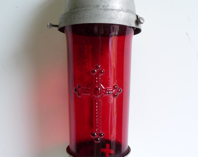 Vintage Grave Marker Cemetery Religious Cathedral Cross Red Glass Gothic Candle Holder Steel