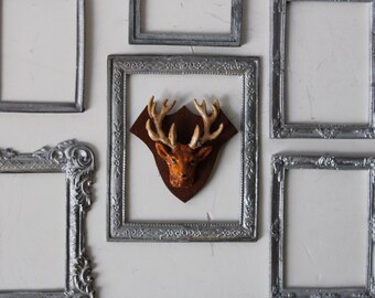 Six vintage miniature frames w/ deer head mount Ornate metal Victorian Gothic dollhouse supplies picture frame