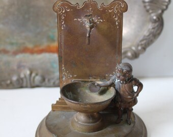 Antique statue Little girl by fountain garden aged brass bowl Victorian figurine display