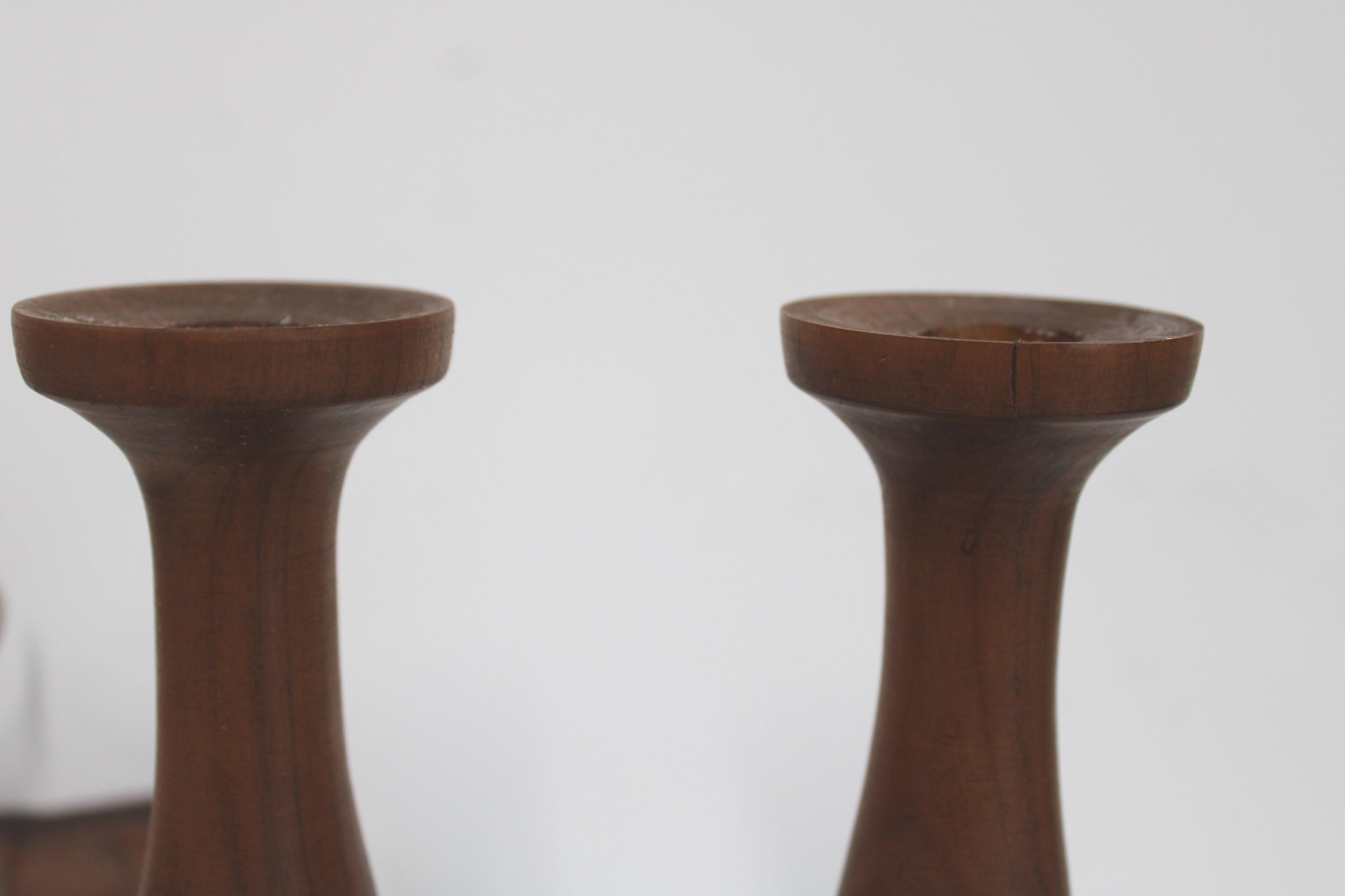 Two Vintage Turned Wood Candlestick Candle Holders Danish Modern Signed ...