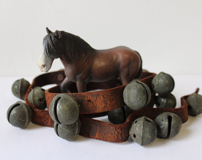 17 Antique Sleigh Bells Harness Leather Strap Brass Jingle Petal Bells Horse Carriage Sled