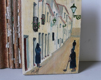 Vintage painting on wood European street scene people buildings Signed small art