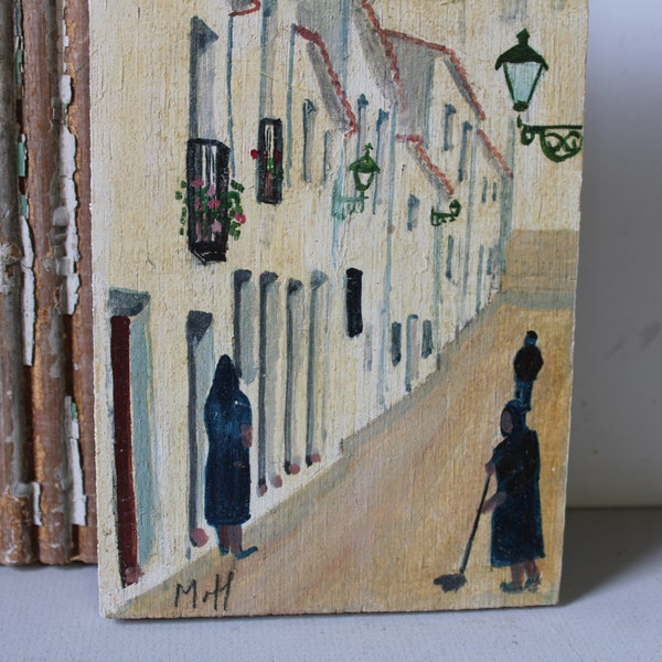 Vintage painting on wood European street scene people buildings Signed small art