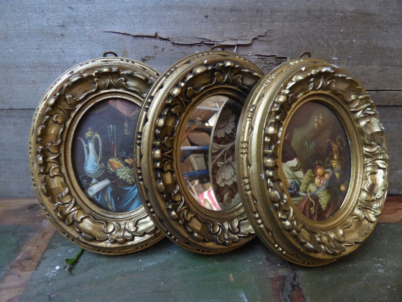 3 Vintage Framed Pictures Mirror Small Oval Gold Frames 3 Vintage Framed Pictures Mirror