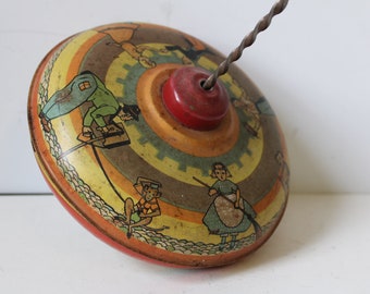 Vintage tin litho Toy spinner top Music Dance Monkey Camera spinning toy