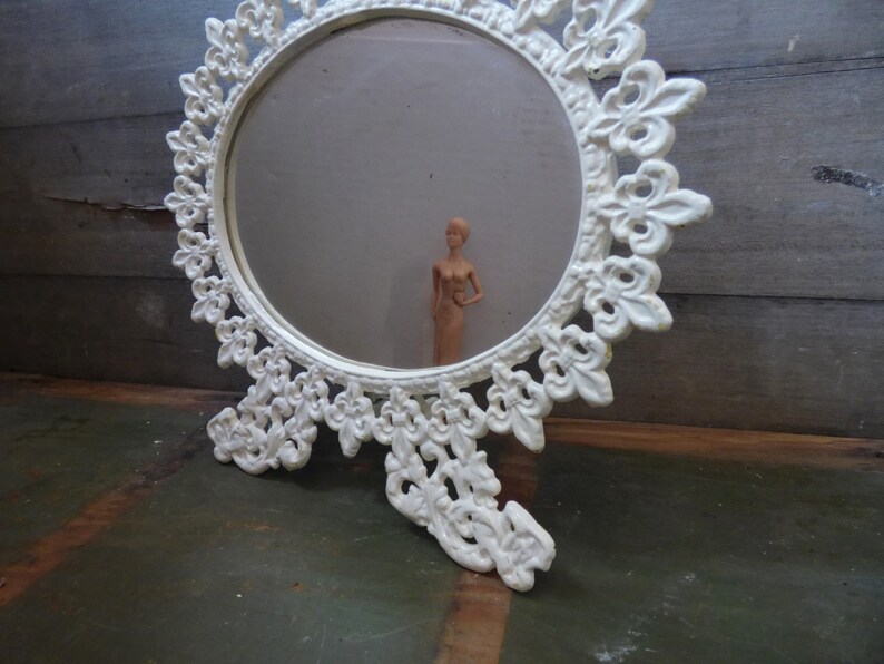Vintage Framed Mirror White Metal Table Shelf Vanity Victorian Vintage Framed Mirror White Metal Table