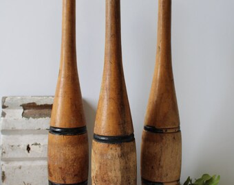 Three Vintage wood Pins 16 3/4 inch exercise rustic antique Display prop Craft supplies