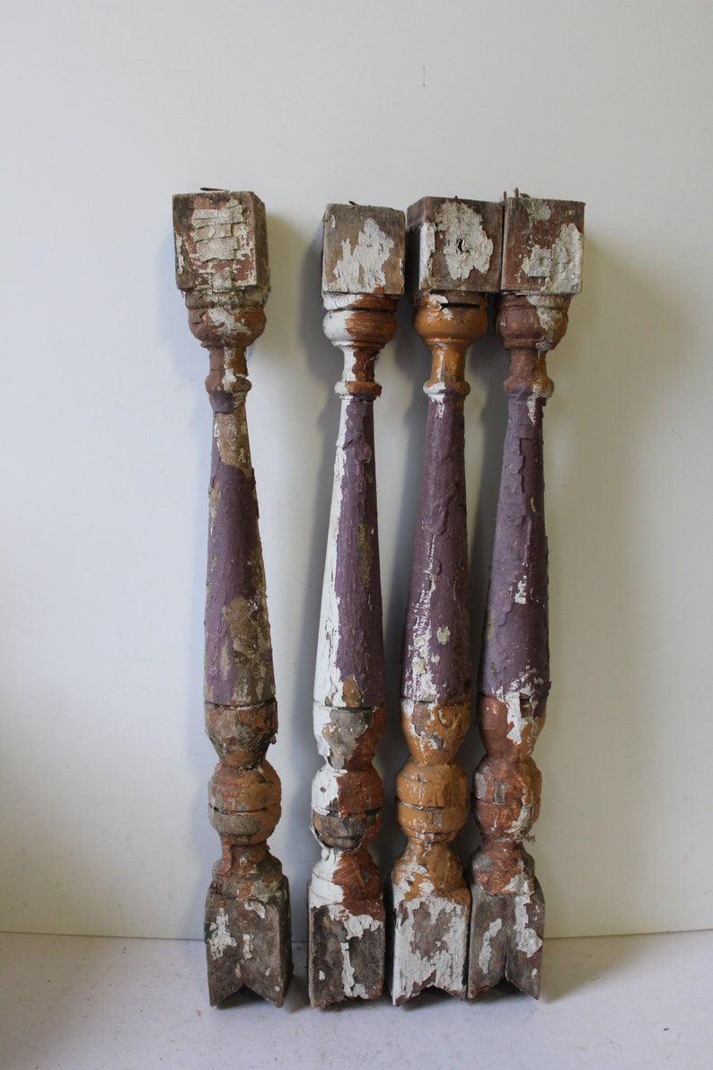 Four antique wood posts chippy spindles architectural salvage supplies table legs repurpose painted spindle immagine 1