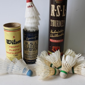 Three vintage Badminton canisters Shuttlecocks Birdies RSL feather Tourney Windsor Wilson variety sports display game