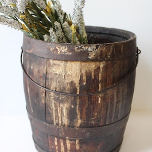 Antique wood barrel Wooden slat bucket Primitive Rustic metal banded pail