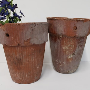 May include: Two weathered terracotta flower pots with vertical ribbed textures and small circular holes near the top rims. The pots have a rustic, aged appearance with patches of discoloration and wear. One pot contains a small bunch of dark blue flowers.