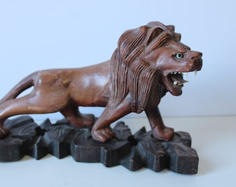 Antique wood Lion on base statue vintage carved wood Old World figurine