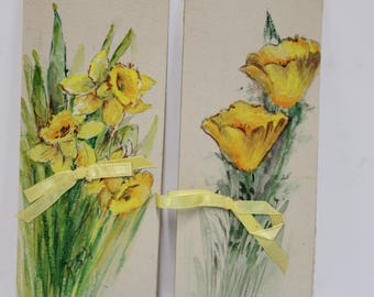 2 Vintage Original paintings Flowers Yellow botanical small pair art
