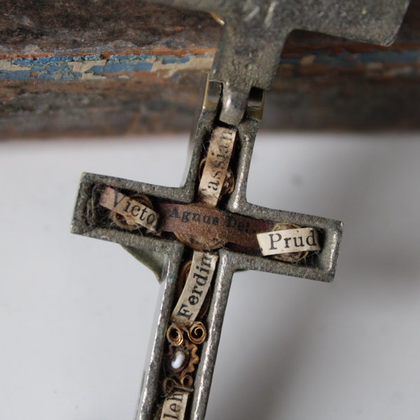 Antique Crucifix pendant w/ Holy Relics inside Cross Reliquary Agnus Dei