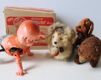 Four vintage Wind Up Toys Dogs Bear Irwin Mechanical creepy crawling Baby w/ box