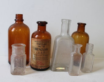 7 vintage apothecary bottles Medicine variety old bottle storage supplies
