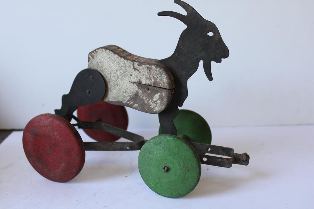 Antique Goat Pull Toy Weathered Wood Metal Moving Aged Primitive Rustic ...