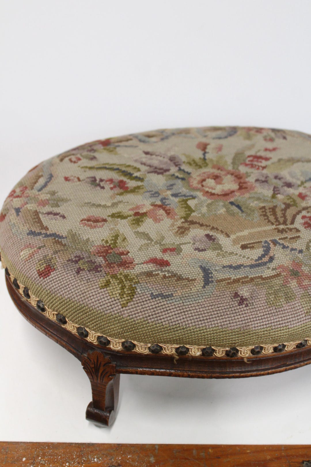 Vintage Needlepoint Foot Stool Large Oval Floral Vase - Etsy