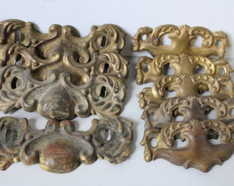 Nine Antique drawer handle plates appliques aged brass architectural salvage restoration hardware supplies