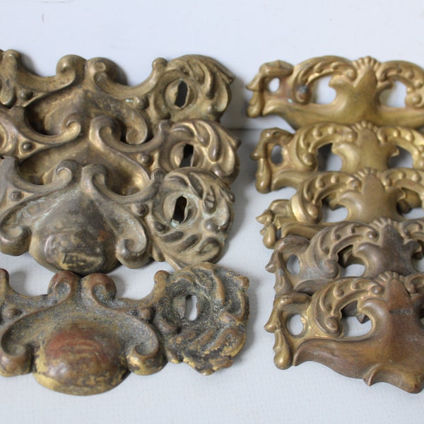 Nine Antique drawer handle plates appliques aged brass architectural salvage restoration hardware supplies