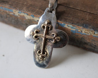 Vintage Sterling and Gold cross pendant Jeep Collins crucifix religious fleur de lis rustic jewelry