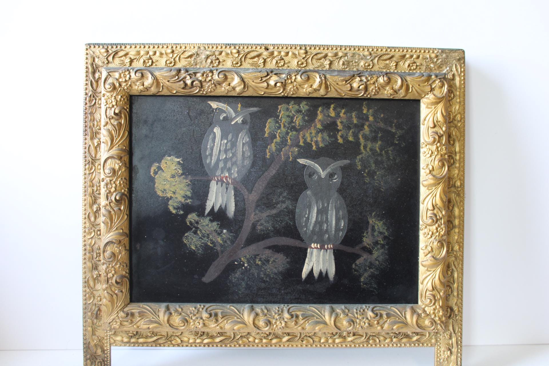 Vintage framed Owl painting antique gold frame Original art owls tree