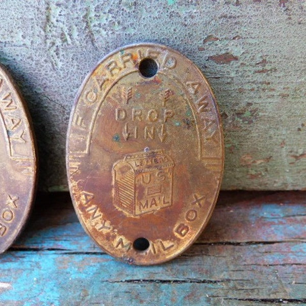 Vintage brass fob Postal token "Drop in Any Mailbox" Dayton Ohio postage Mailman keychain tag Jewelry Art supplies