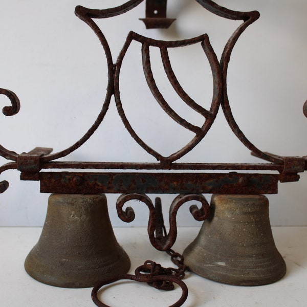 Large vintage bells Wrought iron house barn wall mount dinner bell Rusty weathered ornate Gothic Victorian doorbell