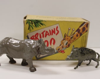 Vintage lead Zoo animals Rhino & Wild Boar w/ Box Britain London England miniature toys pig rhinoceros