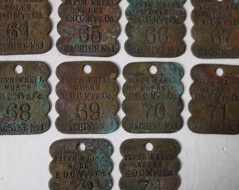 Antique brass tag Fifth Wheel Works Machine No. 1 CHOICE number Salvage Steampunk art Supplies aged patina  Keychain numbered tags