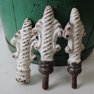 Three Antique fence post finials iron spiral Gothic White Garden Home Supplies Architectural salvage weathered