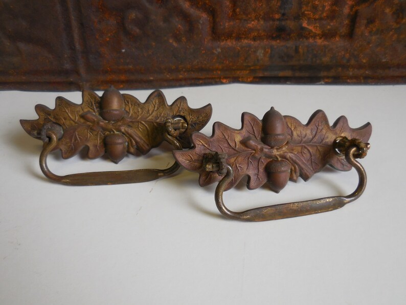 Two antique Drawer Handles Pulls Acorn Oak leaves Aged brass Etsy