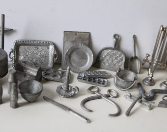 Lot of vintage pewter dollhouse miniatures Kitchen baking bowls home fixtures radiator faucet etc. variety supplies