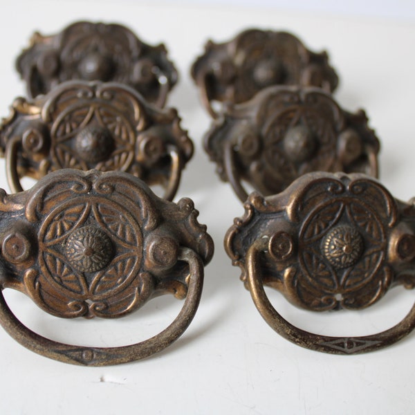 Six antique drawer handles ornate drop pull architectural salvage vintage restoration hardware supplies Victorian