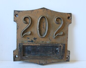 Vintage brass plate 202 address w/ label bracket office home apartment building architectural salvage antique old signage plaque