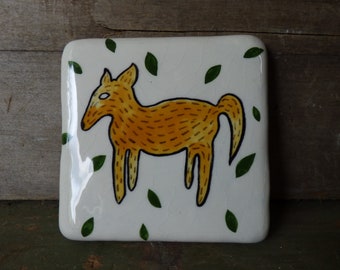 Vintage art tile handmade Dog wolf Coyote whimsical painted tiles