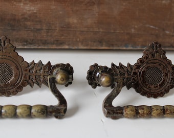 Two antique drawer handles ornate drop pull brass bubble bail architectural salvage vintage restoration hardware supplies Victorian
