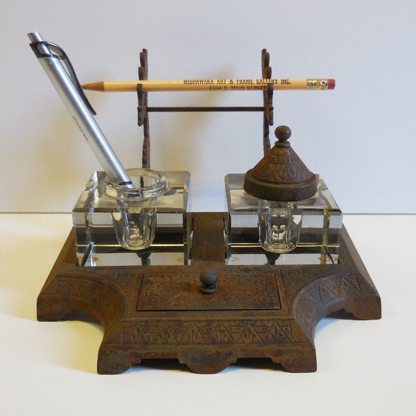 Vintage Inkwell cast iron 2 glass ink pots Eastlake w/ pen holder stand Desk Writing Library Study