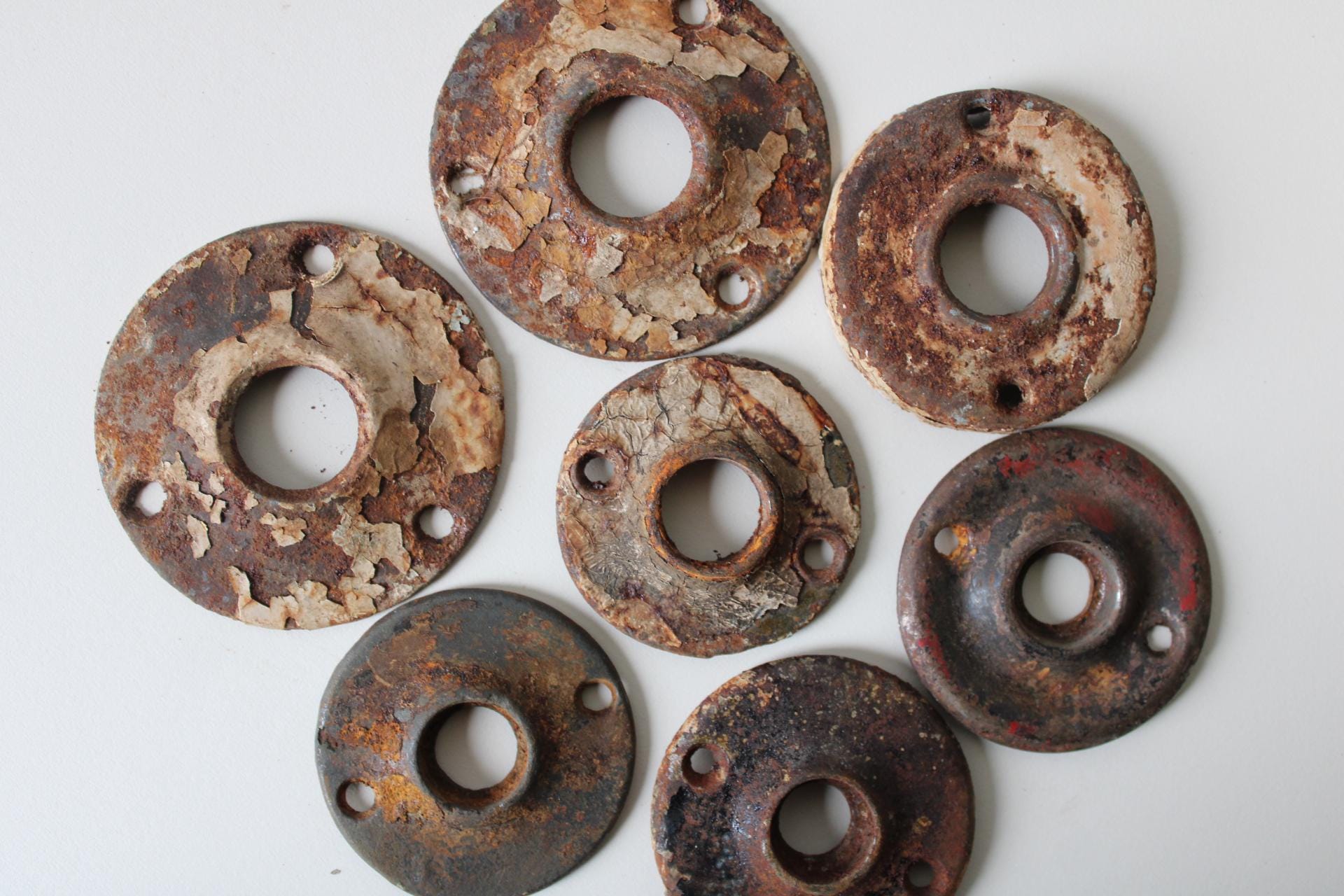 Lot 7 vintage door rosette plates round antique variety repurpose Restoration door hardware