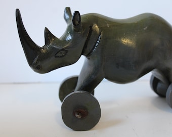 Vintage wood Rhino pull toy Rhinoceros on wheels