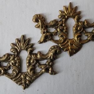 Two Vintage Keyhole plates drawer cabinet skeleton key ornate brass escutcheon furniture hardware Restoration salvage antique Victorian