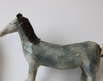 Vintage horse statue Paper Mache handmade folk art aged primitive rustic toys animals