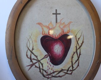 Antique framed painting Sacred Heart religious gold oval frame