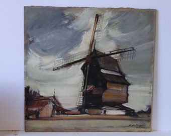 Vintage original painting Windmill landscape buildings on masonite Signed France artwork