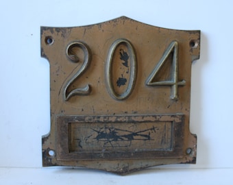 Vintage brass plate 204 address w/ label bracket office home apartment building door hardware architectural salvage antique signage plaque