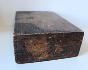 Antique lidded wood box burnt images Victorian vanity hope chest storage