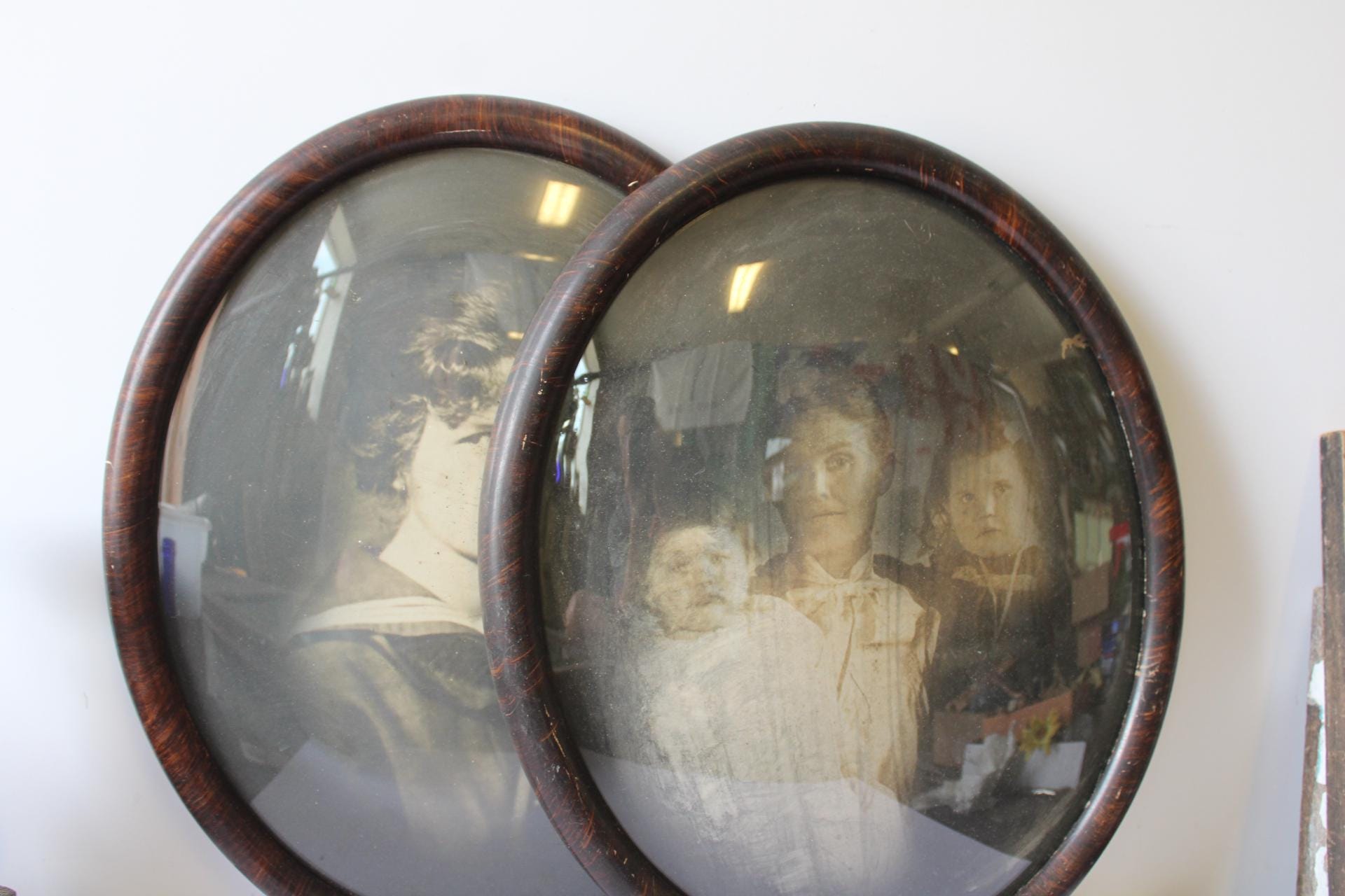 Two antique wood Oval frames w/ convex bubble glass large picture frame wall decor framing supplies Old photos